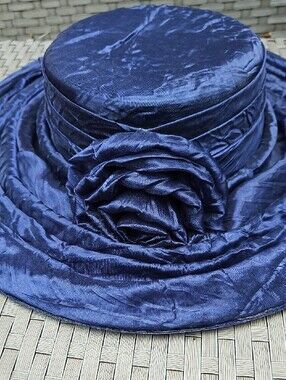 Vintage Deborah New York  Elegant Navy Blue Straw Satin  Wide-Brim Ladies Hat